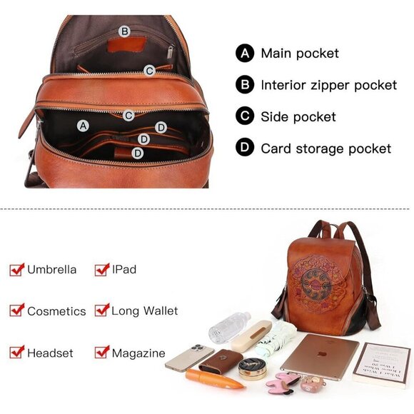 ?Women brown Small Genuine Leather Backpack Fashion Vintage Embossed Totem Bag main image 5